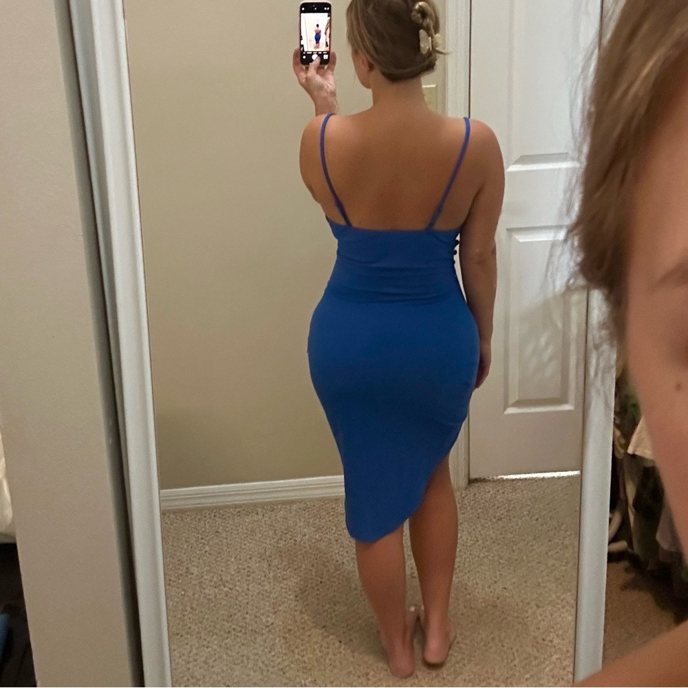 Cider Blue Solid Ruched Button Asymmetrical Dress… - image 2